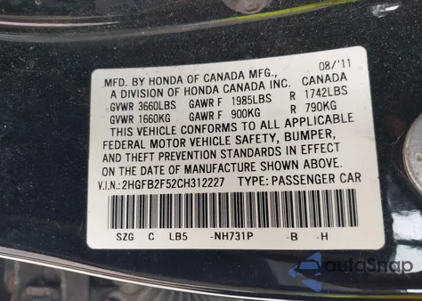2012 Honda Civic Lx from USA, damaged, VIN 2HGFB2F52CH312227